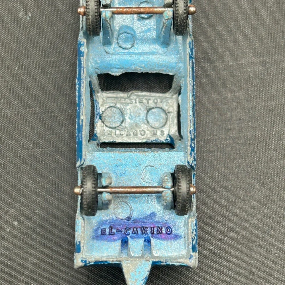 Vintage Tootsietoy Blue El Camino Truck with Race Car & Trailer 60s Diecast